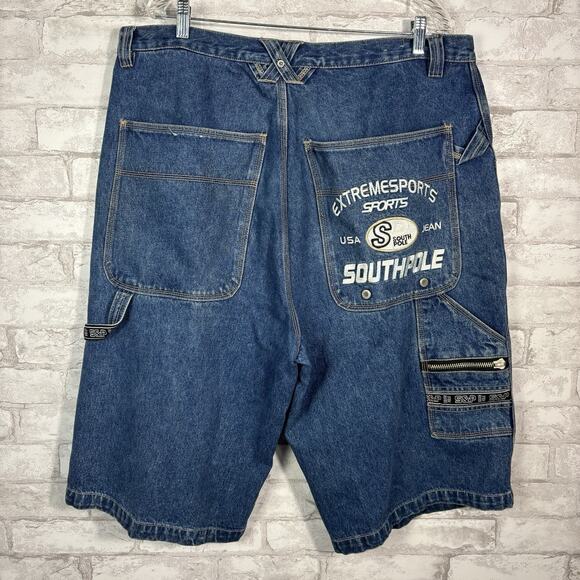 Vintage Southpole Jean Shorts Y2K Embroidered Carpenter Denim Jorts Mens 40 Blue - Picture 1 of 10